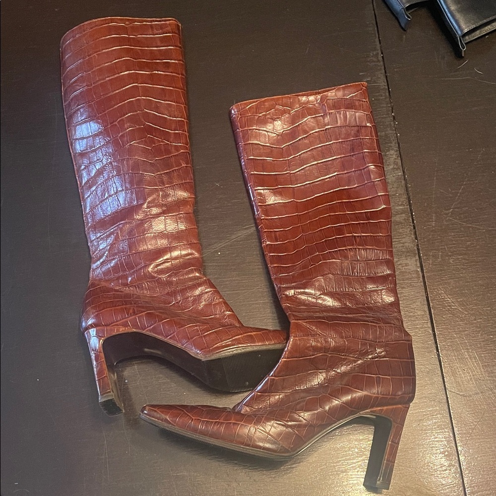 Colin Stuart Burgundy Croc-Embossed Knee Boots— for slender calves!
